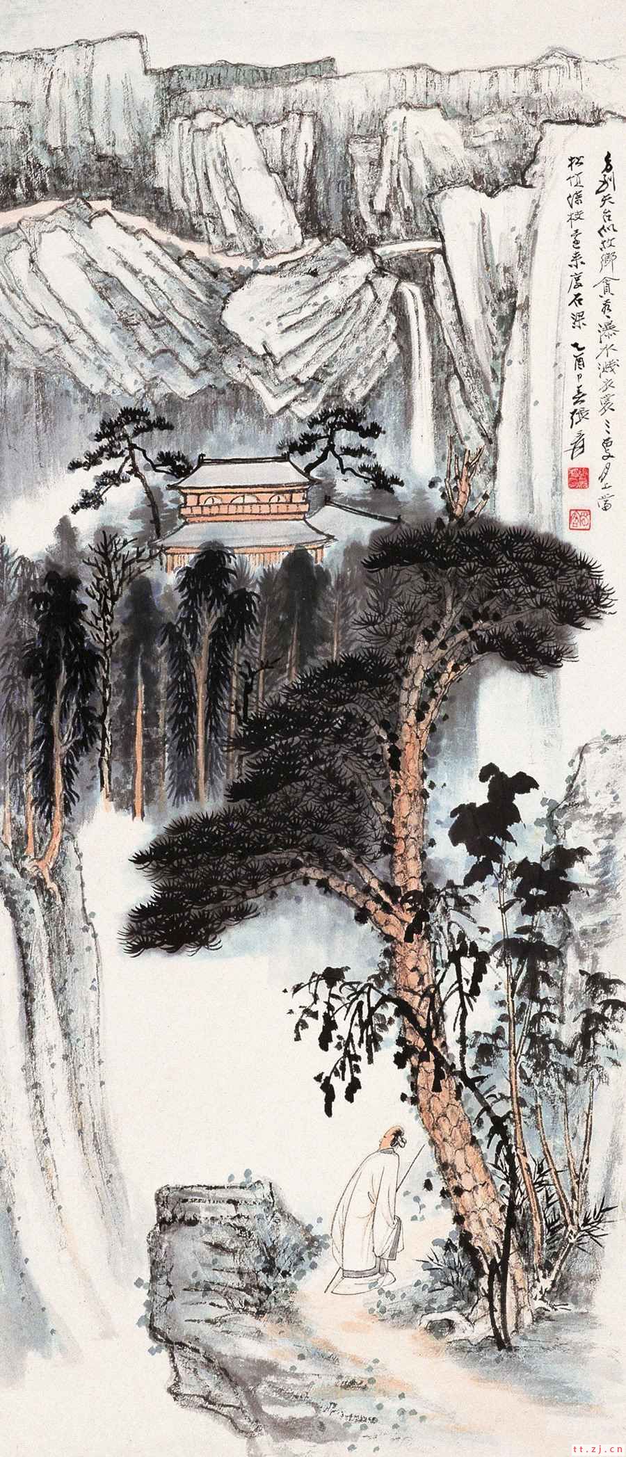 天台观瀑图      张大千